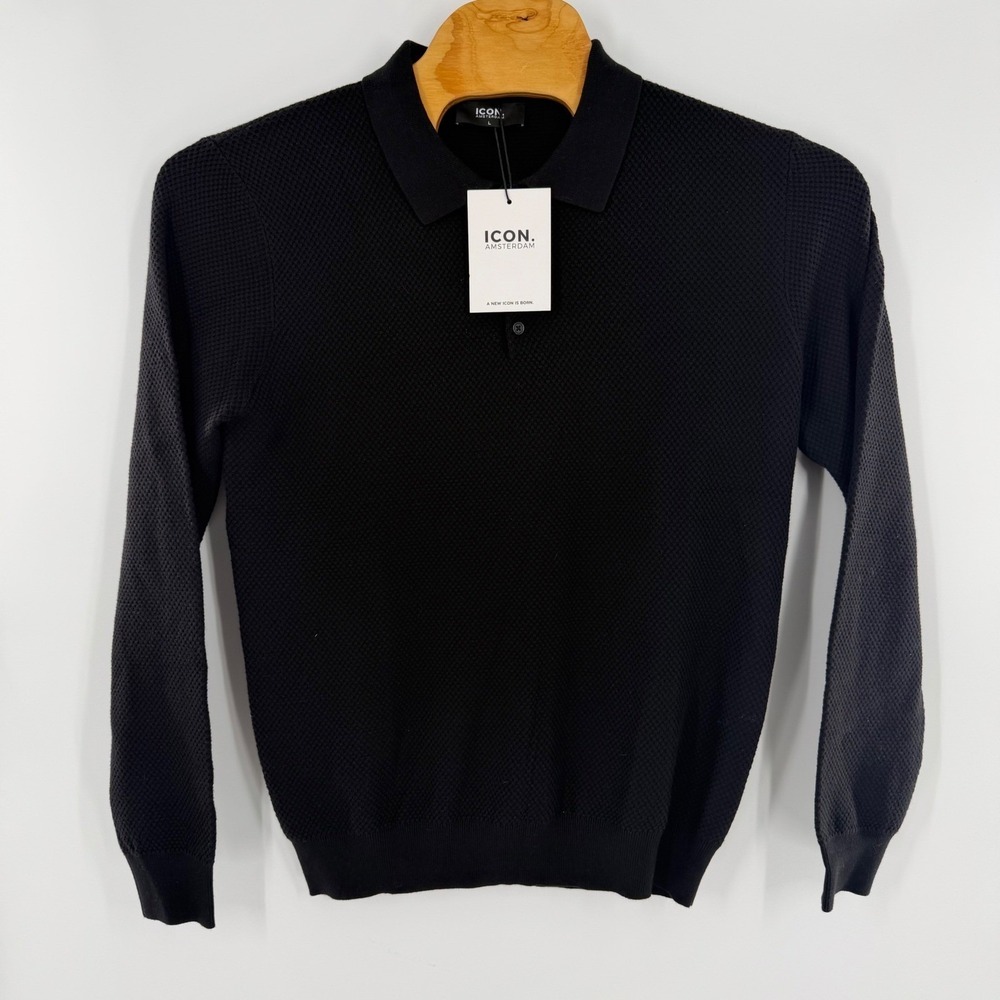 Icon Amsterdam Mens Long Sleeve Knit Polo Shirt Black Textured Waffle Knit L